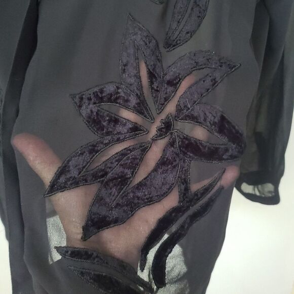 Black Sheer Velvet Burnout Top Womens L Dark Floral Fairy Grunge Whimsigoth Boxy - Picture 2 of 10
